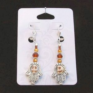 Hamsa Skull Brown & Silver Earrings